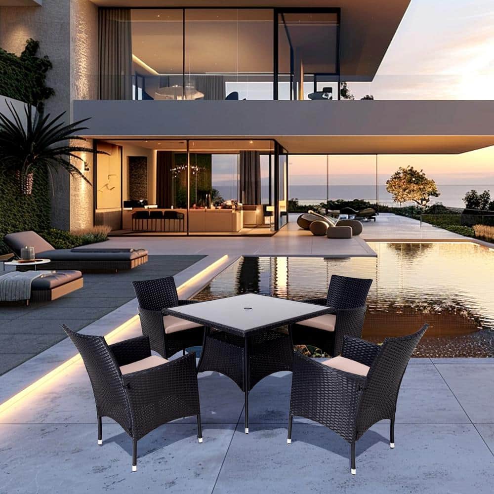 Modern Sofa Patio Conversation 5-Piece Black Wicker Outdoor Dining Set with