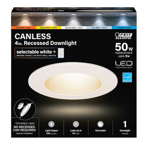 4 in. 9W (50W Replacement) Tethered J-Box Smart Canless LED Downlight