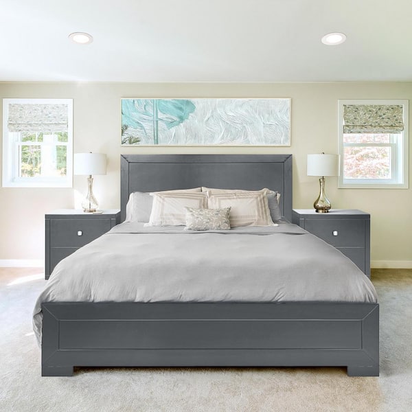 Oxford Gray Wood Frame King Size Panel Bed in Charcoal Finish