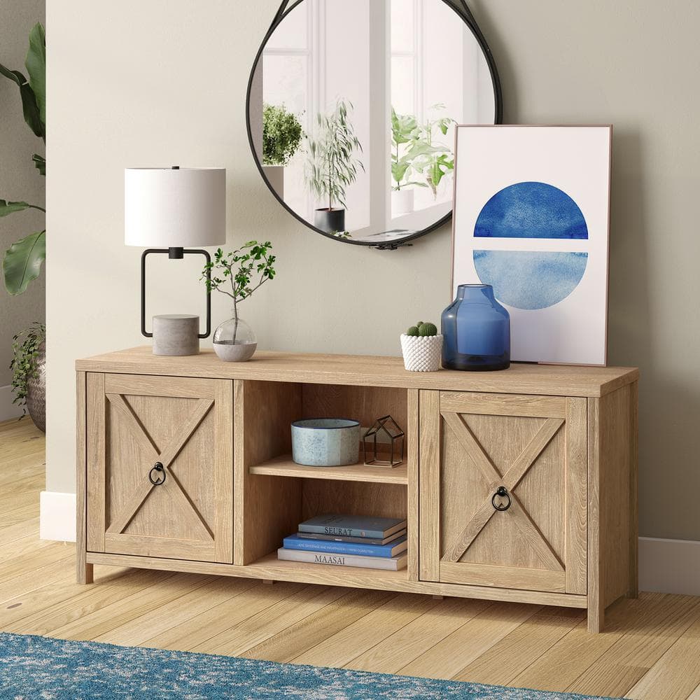 Modern Farmhouse 58" White Oak TV Stand with Hidden Storage