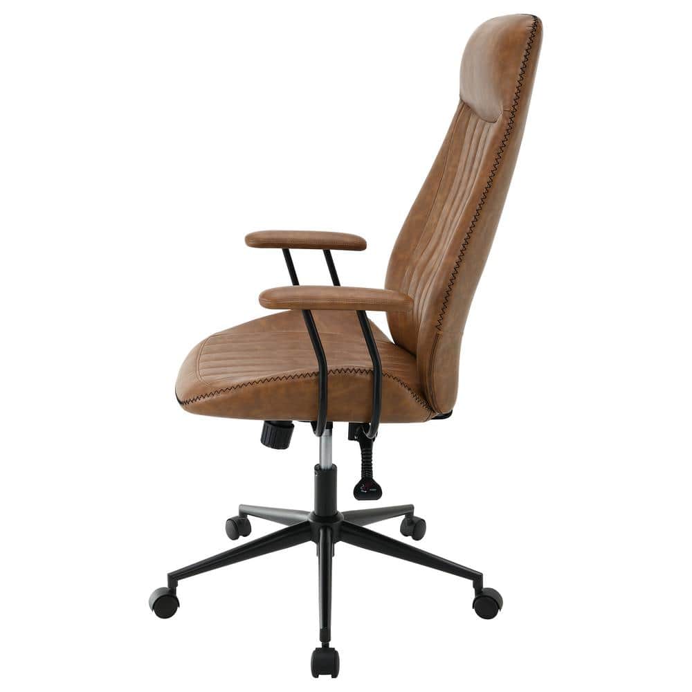 Brown Faux Leather Swivel Desk Chair with Wood Accents