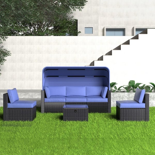 Unbranded 6-Piece Outdoor Chaise Lounge Day Bed Sectional Sofa Set with Metal and Wicker Frame and Canopy, Antique Blue