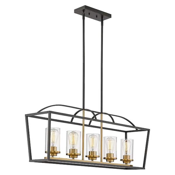 JAZAVA 5 light Black and Gold Rustic Linear Chandelier for Kitchen Island with Clear Glass Shade
