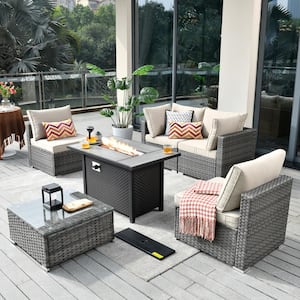 Sanibel Gray 6-Piece Wicker Outdoor Patio Conversation Sofa Sectional Set with a Metal Fire Pit and Beige Cushions