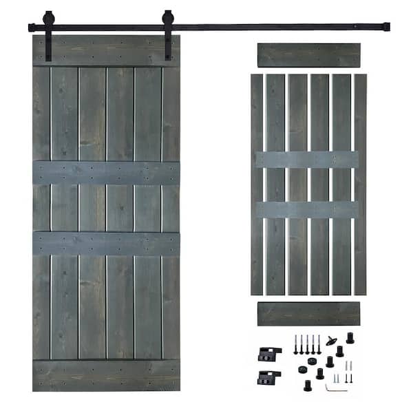 Akicon 36 in. x 84 in. Grey Painted Wood Sliding Door with Hardware Kit, Pre-Drilled Ready to Assemble