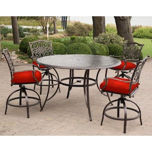 Traditions 5-Piece Aluminum Outdoor Bar Height Dining Set with Red Cushions, Swivel Chairs and a 56 in. Cast-top Table
