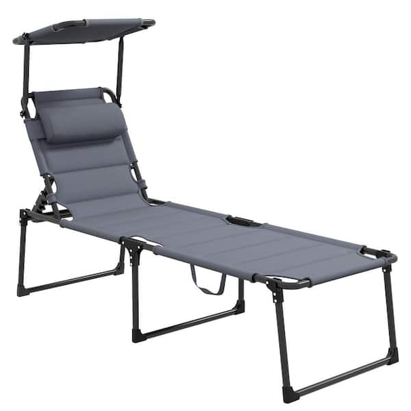 Sudzendf Gray Outdoor Lounge Chair, Adjustable Backrest Folding Chaise Lounge with Sunshade Roof and Pillow Headrest