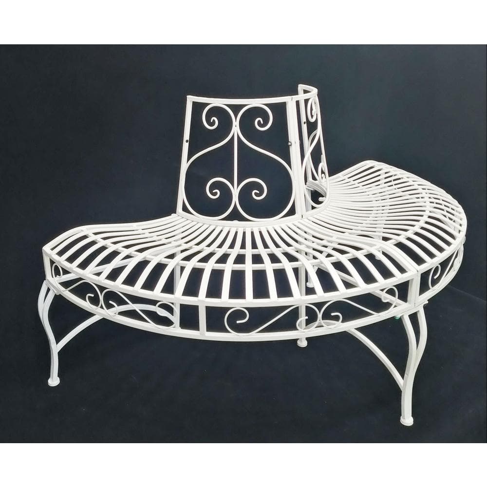 Elegant White Iron Semi-Circle Outdoor Bench