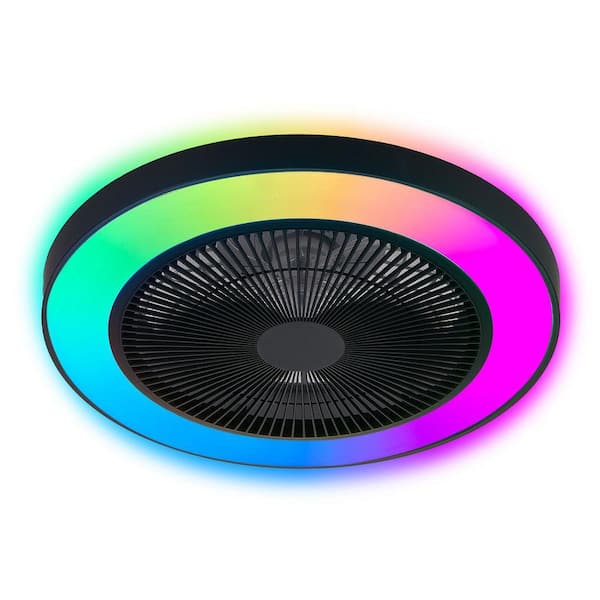 19 in. Black Flush Mount Bladeless Ceiling Fan Light with RGB LED, Dimmable, Color-Changing, APP/Remote Control