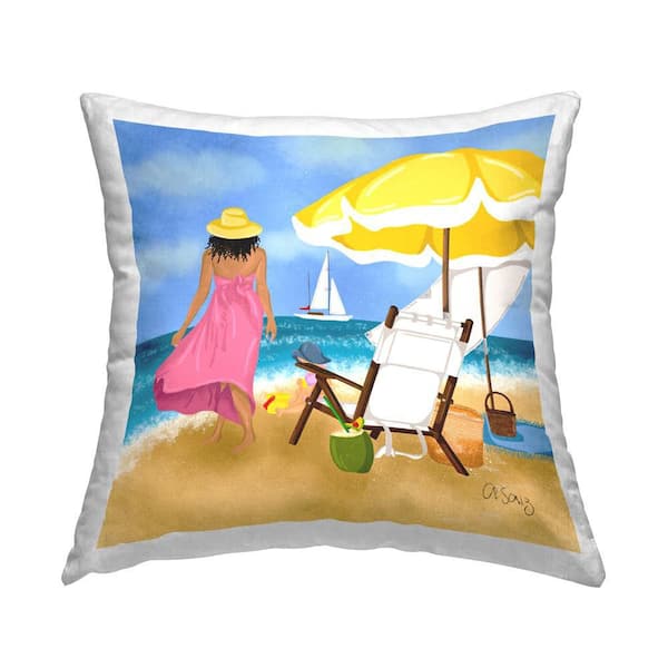 Stupell Industries Woman Strolling Beach Yellow Print Polyester 18 in. x 18 in. Throw Pillow