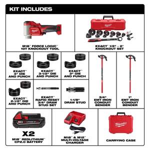 M18 18V Lith-Ion Force Logic Cordless Knockout Tool Kit w/Die Set 3.0 Ah Bat with 3/4 in. & 1 in. Conduit Bender