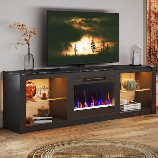 71 in. Freestanding Electric Fireplace TV Stand in Marble Black with Adjustable Shelves