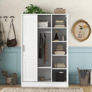 White Wood 42.5 in. 3-Door Shutter Wardrobe Armoire with Storage Shelves, Hanging Rail and 2 Sliding Doors