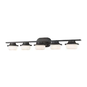 Optum 38.7 in. 5-Light Bronze Integrated LED Shaded Vanity Light with Matte Opal Glass Shade
