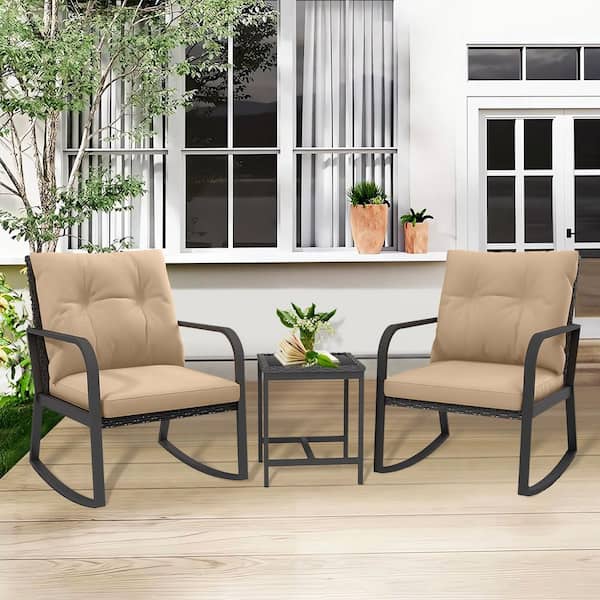 3-Piece Metal Wicker Outdoor Bistro Set Rocking Chair Set with Khaki Cushions, 2 Rocking Chairs, Glass-Top Table