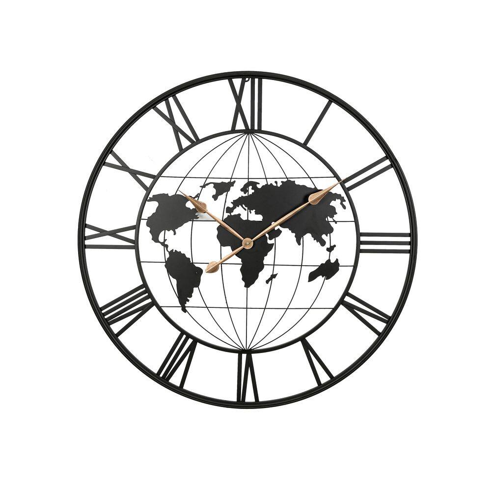 Handcrafted Modern 36 in. Black Metal Silent World Map Decorative Wall Clock with Gold Pointers, Black Roman Numeral price history on PriceWatchPro