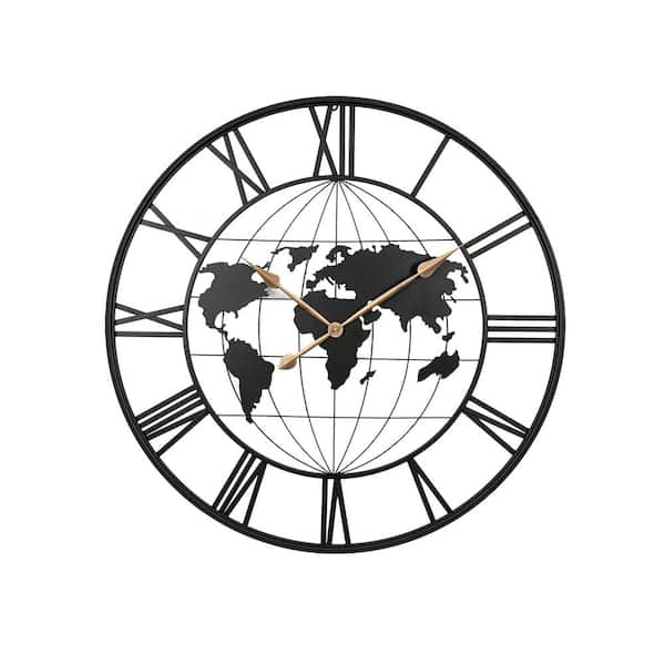 LCEPURE TRADE INC Handcrafted Modern 36 in. Black Metal Silent World Map Decorative Wall Clock with Gold Pointers, Black Roman Numeral