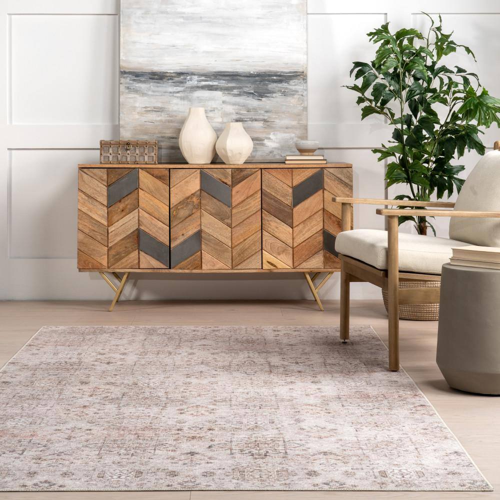 Alona Light Beige and Brown Synthetic Medallion 9' x 12' Area Rug