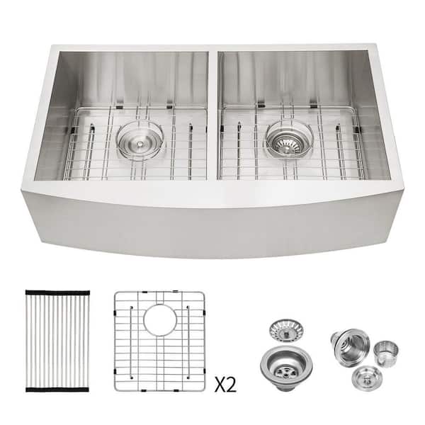 33 in. Farmhouse Double Bowl (50/50) 16-Gauge Brushed Nickel Stainless Steel Kitchen Sink with Drain