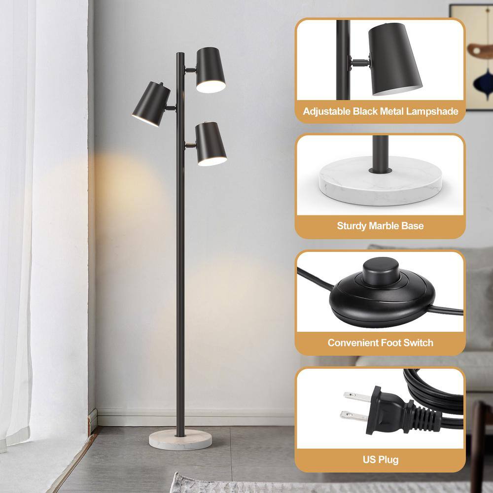 Black Metal and Marble Adjustable Multi-head Floor Lamp