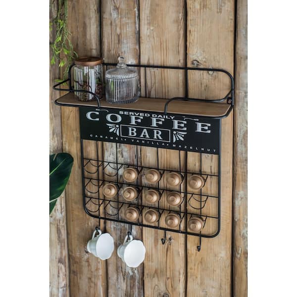 22.8 in. W x 5.5 in. D Black Coffee Bar Shelf with Pod Holder & Hooks-Wall-Mounted Organizer & Decorative Wall Shelf