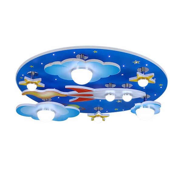 OUKANING 23.6 in. 8-Light Blue Creative Cartoon Universe Flush Mount Ceiling Light for Children's Room with Bulbs Included
