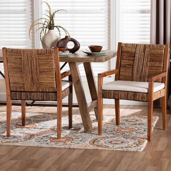 Chabela Seagrass and Mahogany Wood Dining Chair with Arms (Set of 2)