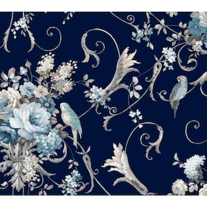 Parrots with Floral Bouquets Navy Peel and Stick Wallpaper Roll