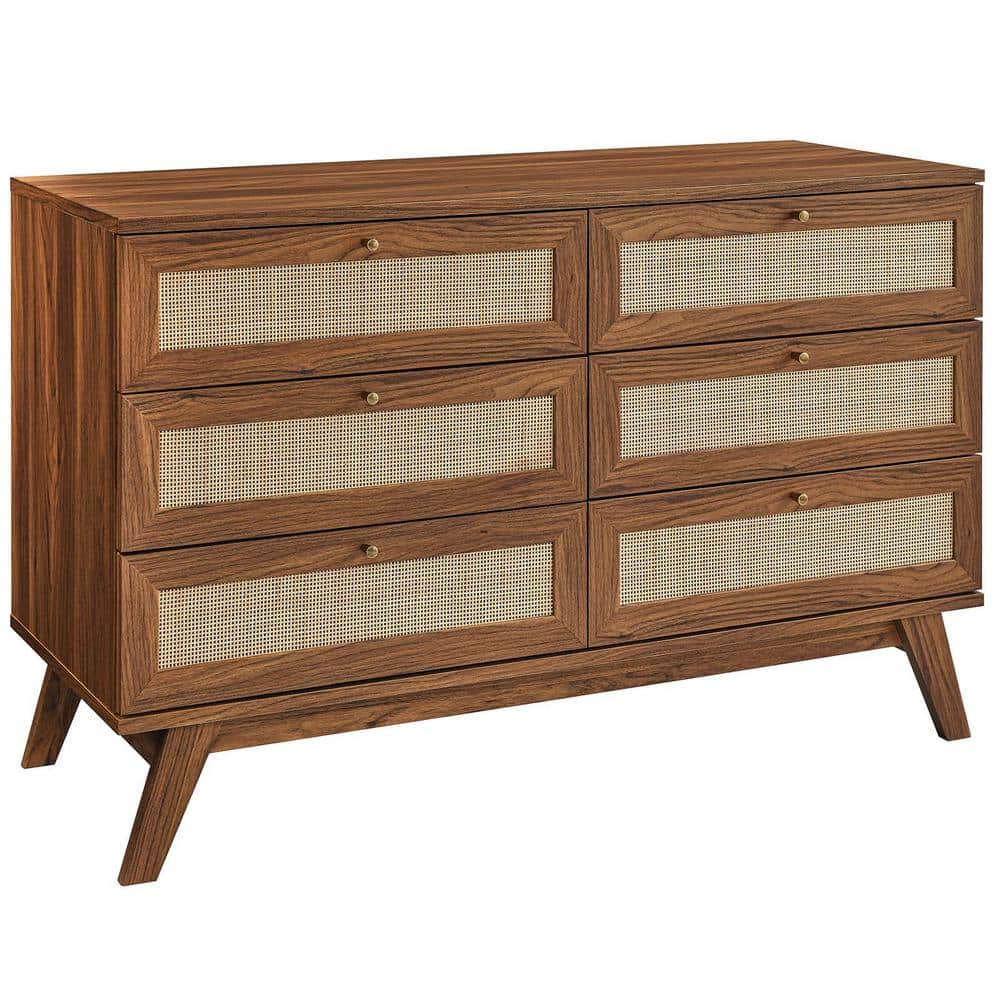 Walnut Double 6-Drawer Dresser with Rattan Weave