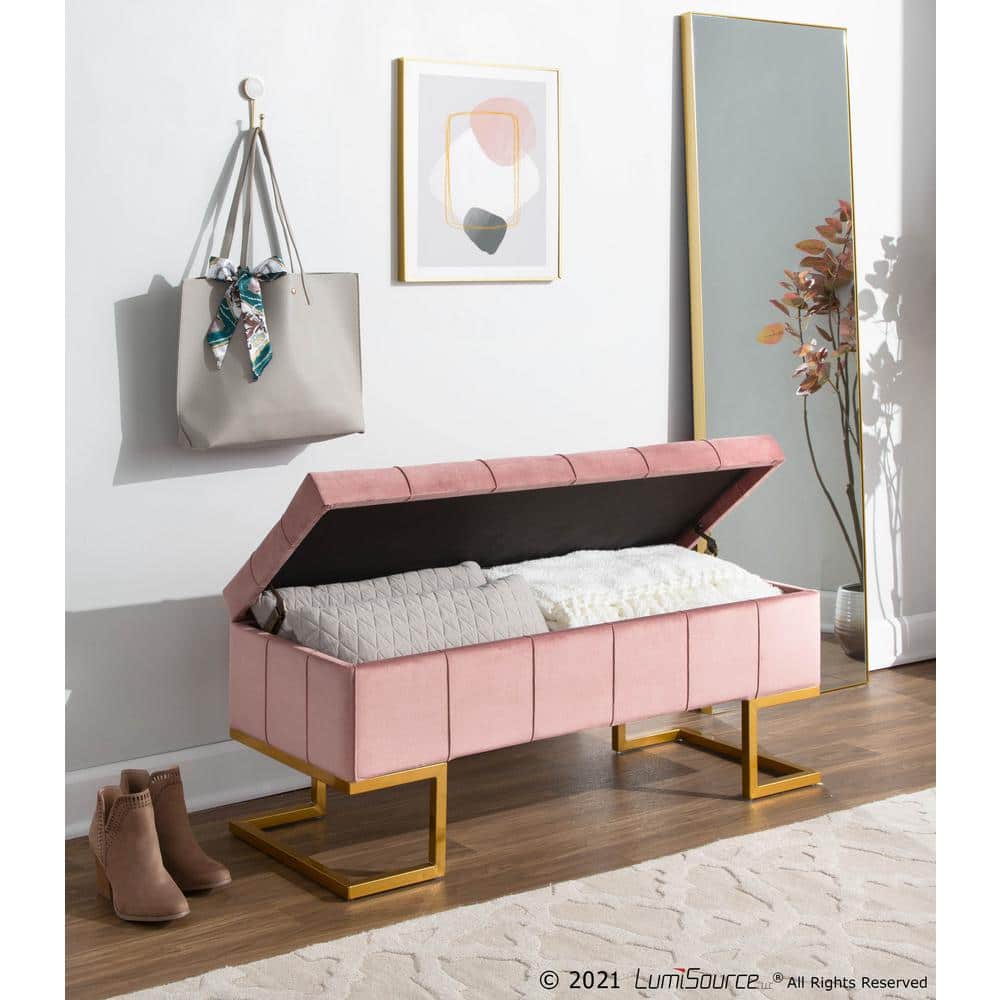 Midas Pink Velvet and Gold Steel Storage Bench