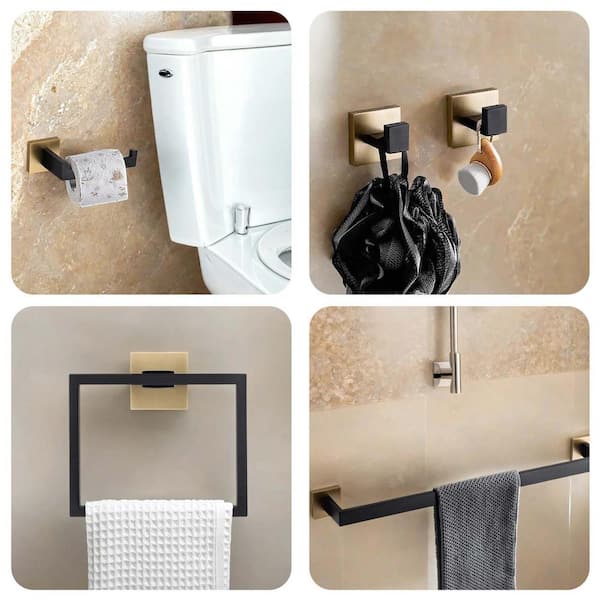 5-Piece Bathroom Hardware Accessories Set Towel Bar Set Wall Mounted Stainless Steel in Black and Gold