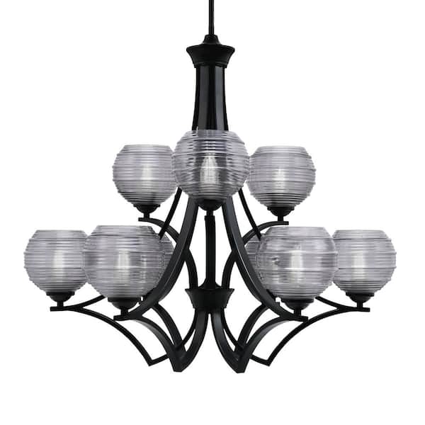 Unbranded Clevelend 9-Light Matte Black Chandelier, Round Chandelier with 6 in. Smoke Ribbed Glass Shades, No bulbs included