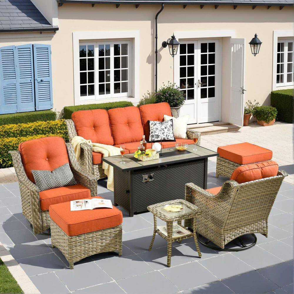 Eureka Gray 7-Piece Wicker Patio Conversation Sofa Swivel Chairs Set with Metal Fire Pit and Red Cushions price history on PriceWatchPro