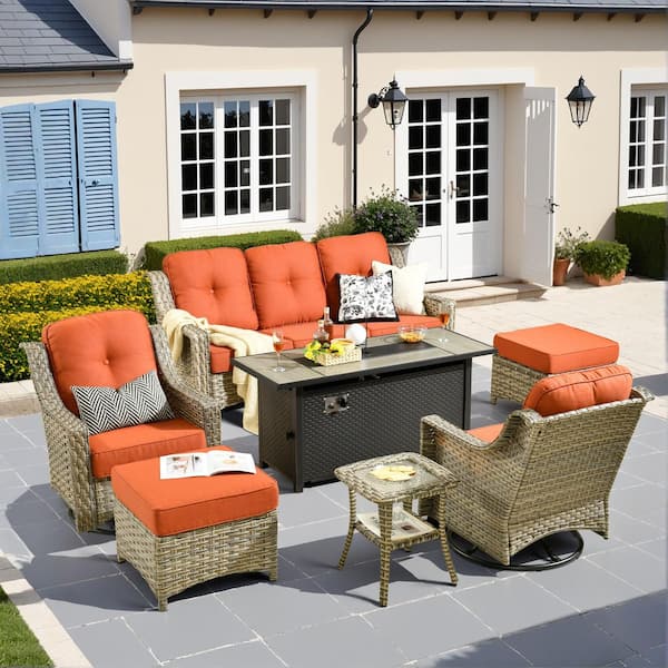 Eureka Gray 7-Piece Wicker Patio Conversation Sofa Swivel Chairs Set with Metal Fire Pit and Red Cushions