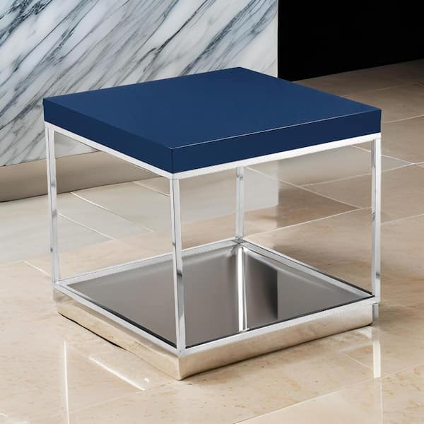 Benjara 24 in. Blue and Chrome Square Wood End Table with Metal Frame