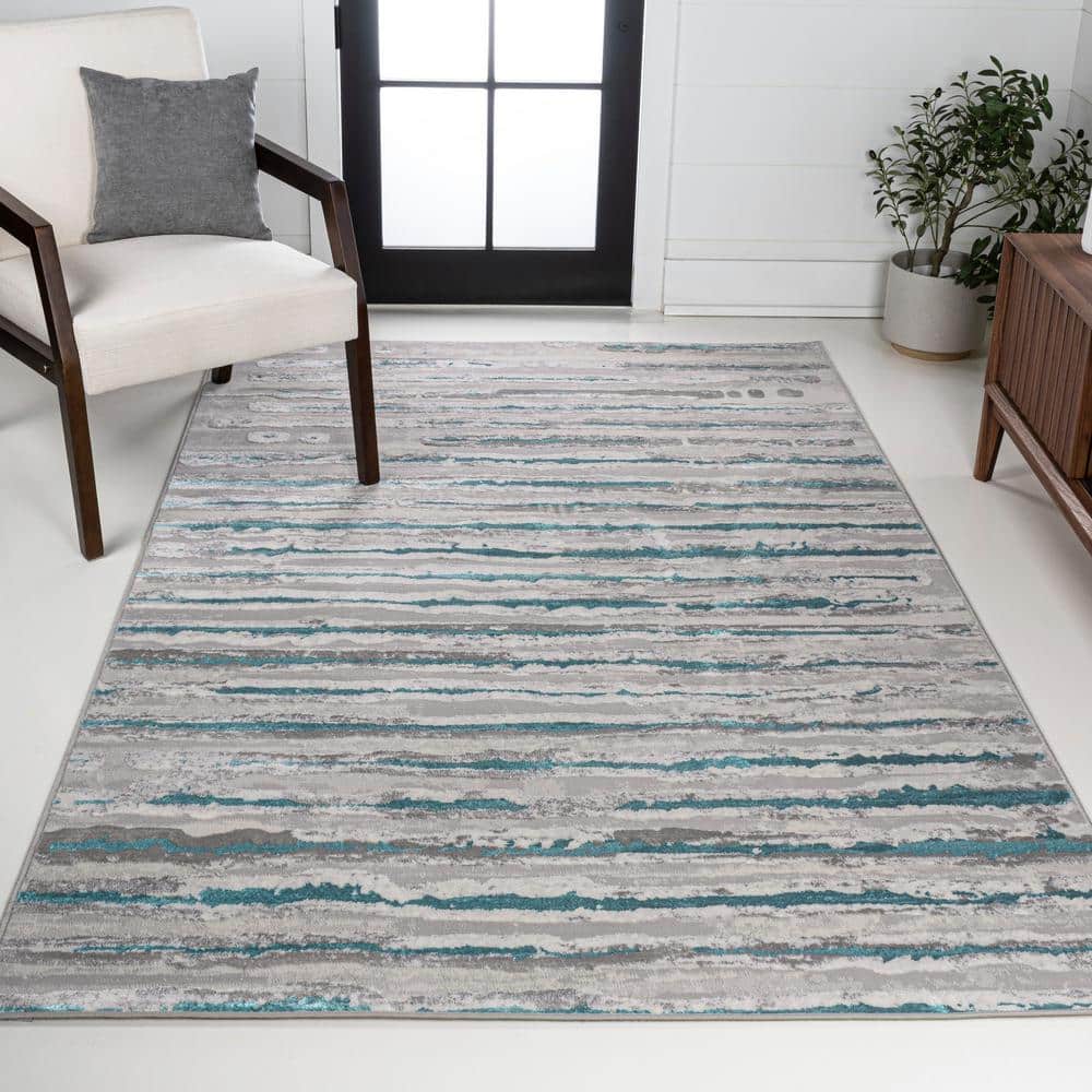 Gray and Turquoise 8' x 10' Synthetic Stripe Area Rug