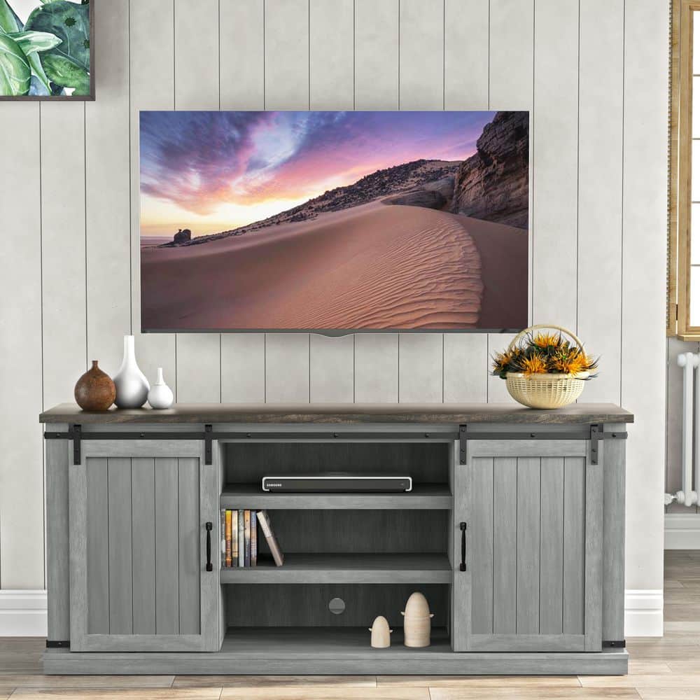 Gray Sliding Barn-Door TV Stand with Adjustable Shelves