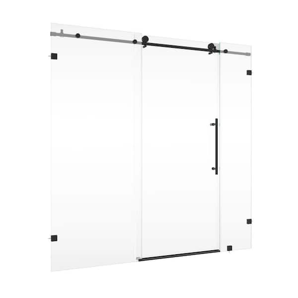 Logmey 72 in. W x 74 in. H Frameless Sliding Shower Door in Matte Black with Clear Glass