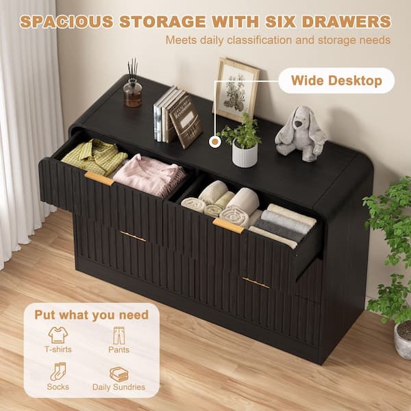 6-Drawer 47.3 in. W MDF and Particle Board Black Chest of Drawers Dresser with Rounded Edges
