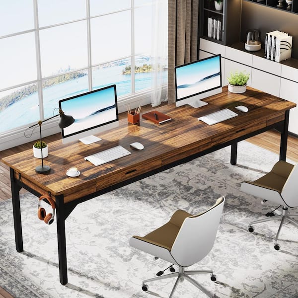 BYBLIGHT Moronia 78.7 in. Rectangular Rustic Brown Wood 2 Person Computer Desk with 2-Drawer for Home Office