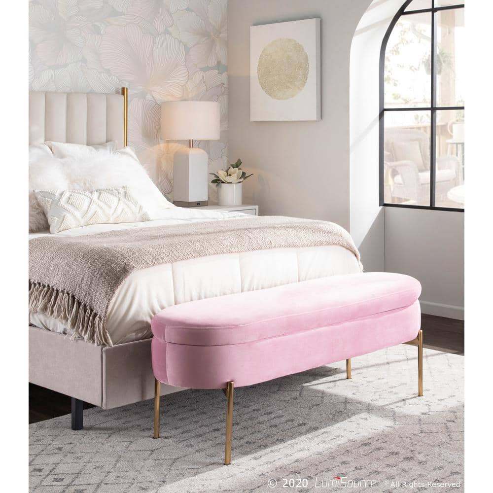 Chloe Blush Pink Velvet 48" Storage Bench with Gold Metal Base