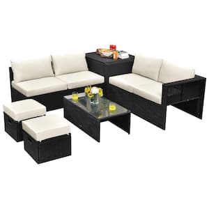 8-Piece Wicker Patio Conversation Set Storage Table Ottoman Off with White Cushions