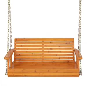 2-Person Wood Outdoor Patio Swing Patio Porch Hanging Bench Chair for Garden Backyard Orange