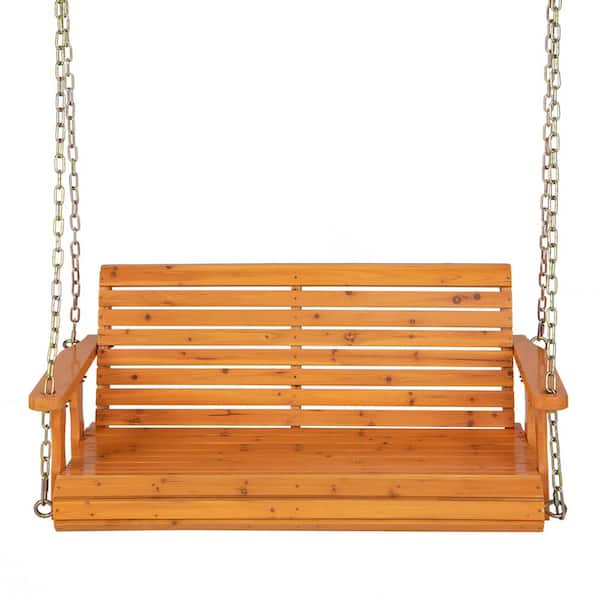 Costway 2-Person Wood Outdoor Patio Swing Patio Porch Hanging Bench Chair for Garden Backyard Orange