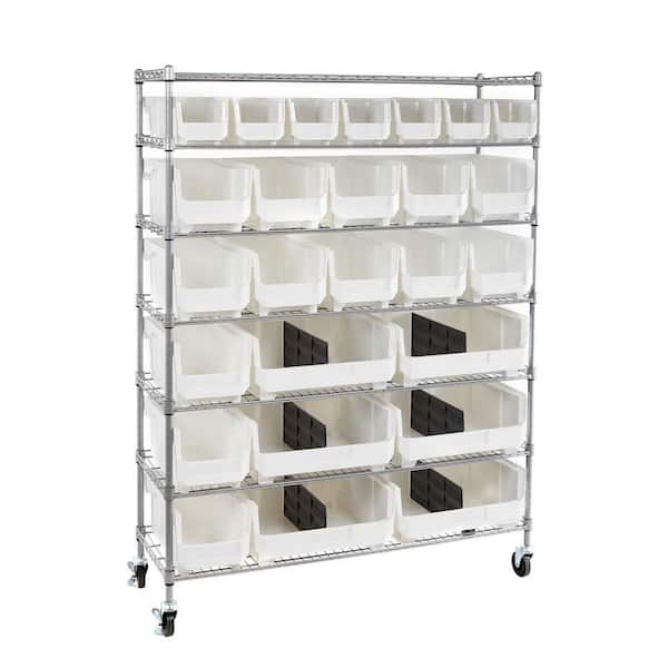 7-Tier Rolling Bin Storage Rack, 26 Organizer Bins, Bin Rack Storage Steel Wire Shelving System with Wheels for Garage