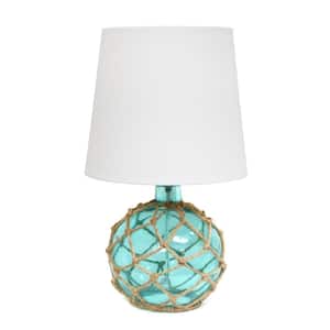 15.25 in. 1-Light Aqua Buoy Rope Nautical Netted Coastal Ocean Sea Glass Table Lamp with White Fabric Shade