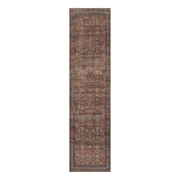 Solo 2 ft. X 8 ft. Red Distressed Vintage Floral Runner Rug