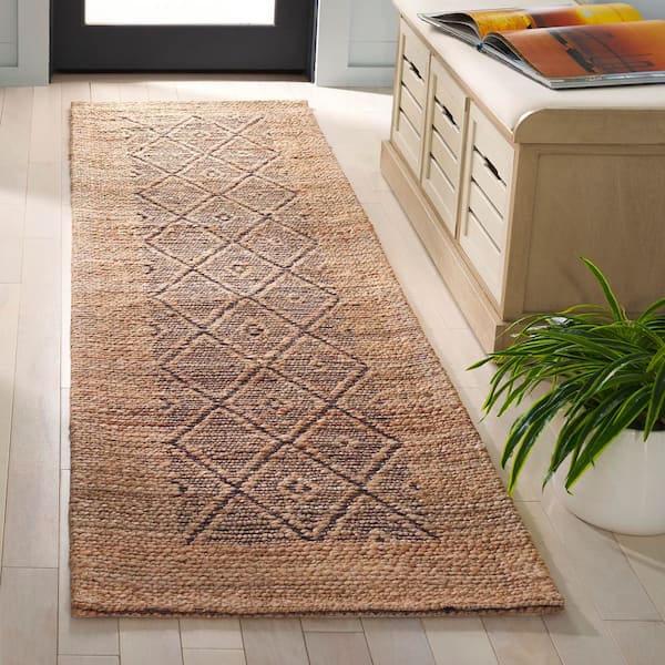 Natural Fiber 2 ft. x 8 ft. Natural/Brown Border Diamond Distressed Runner Rug