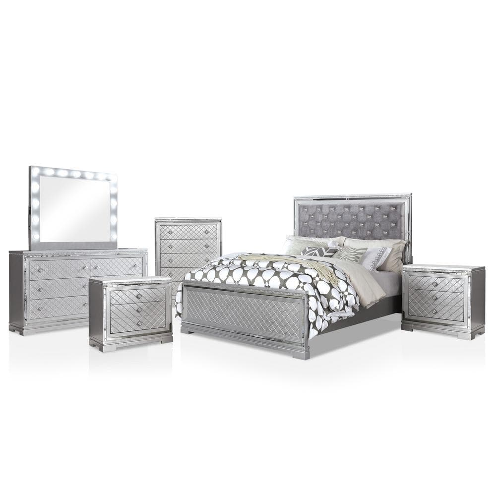 Furniture of America Casilla 6-Piece Silver and Gray Queen Bedroom Set, Silver and Gray - Queen