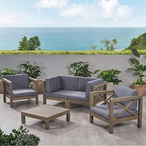 Brava Grey 5-Piece Wood Outdoor Patio Conversation Seating Set with Dark Grey Cushions